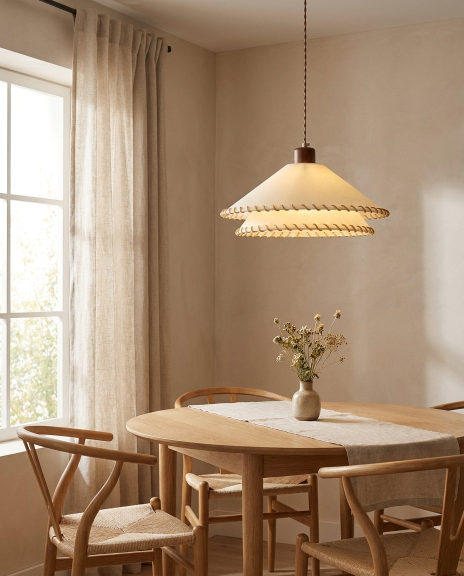 Stitchford Curated Solid Hardwood Pendant Light – illuminated warm ambiance setting