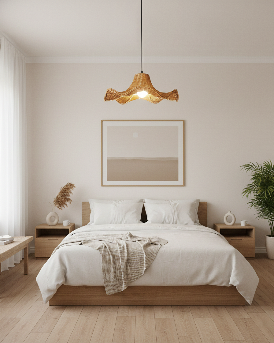 Woven Rattan craftsmanship detail on Straw Pleat Curated Woven Rattan Pendant Light