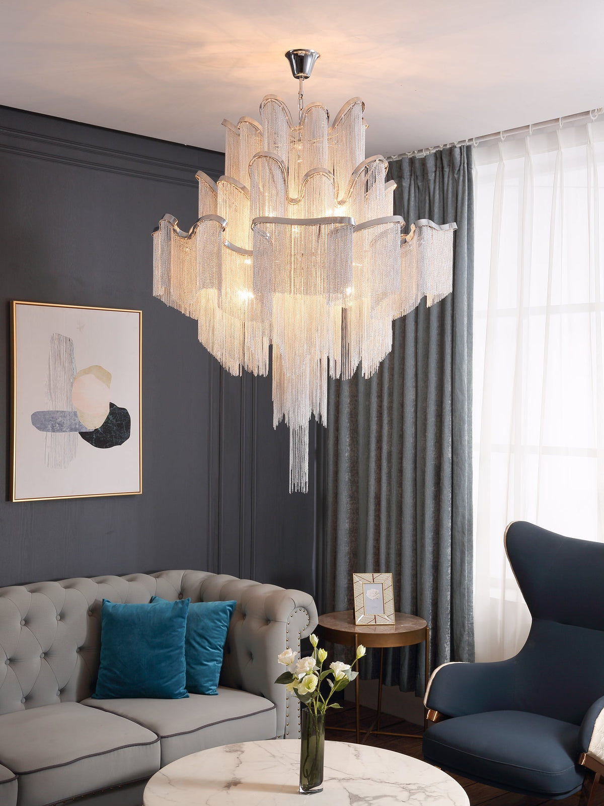 Stream Chain Curated Mouth-Blown Frosted Glass C – spatial dining room perspective