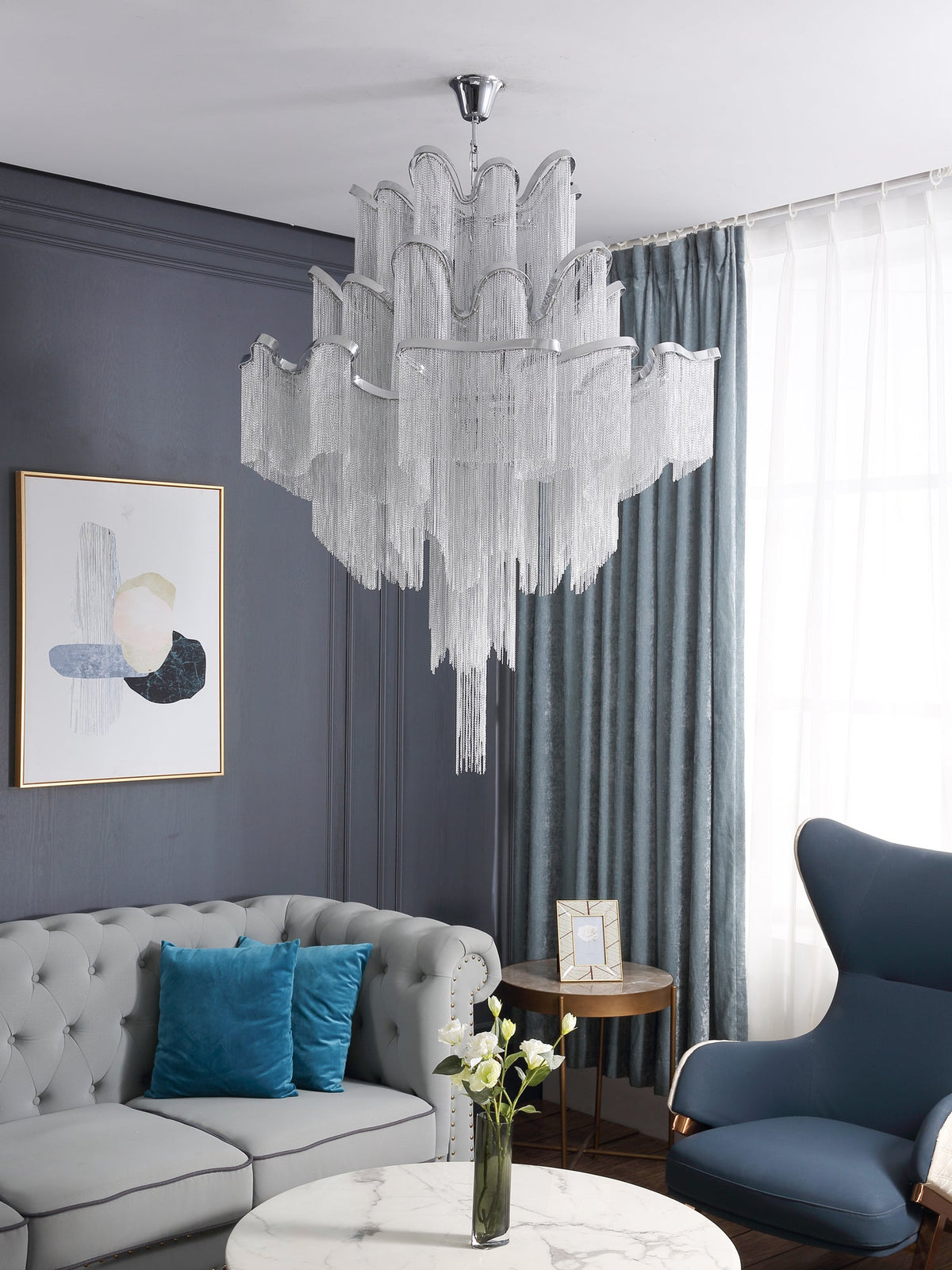 Stream Chain Curated Mouth-Blown Frosted Glass C – full fixture elevation view