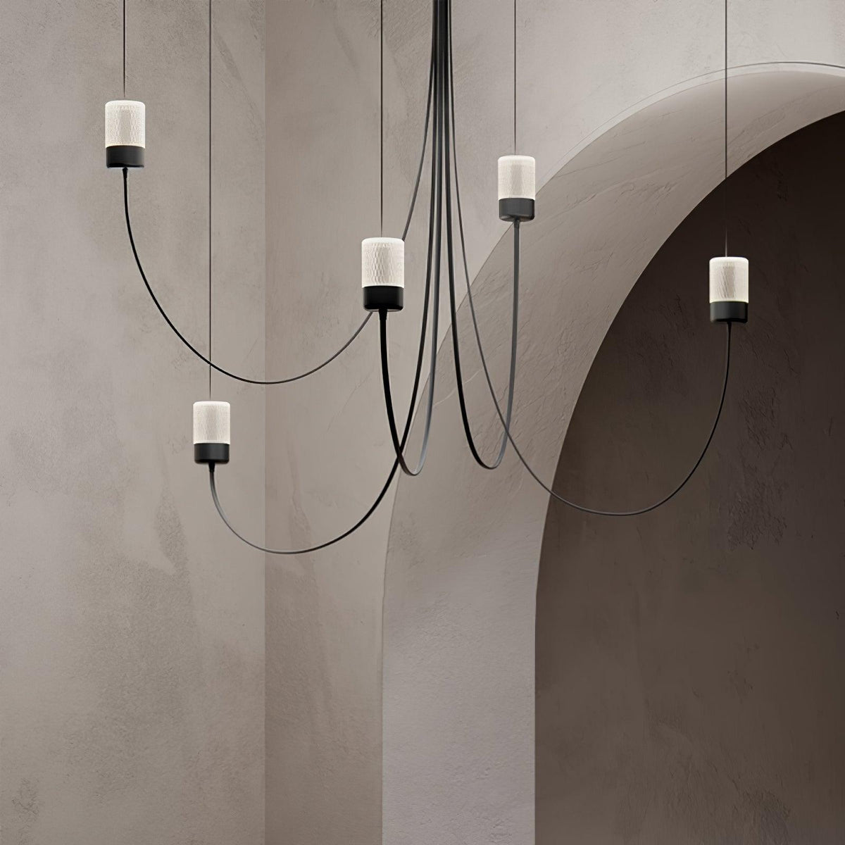 Swaying Curated Mouth-Blown Frosted Glass Chande – unlit natural material contrast