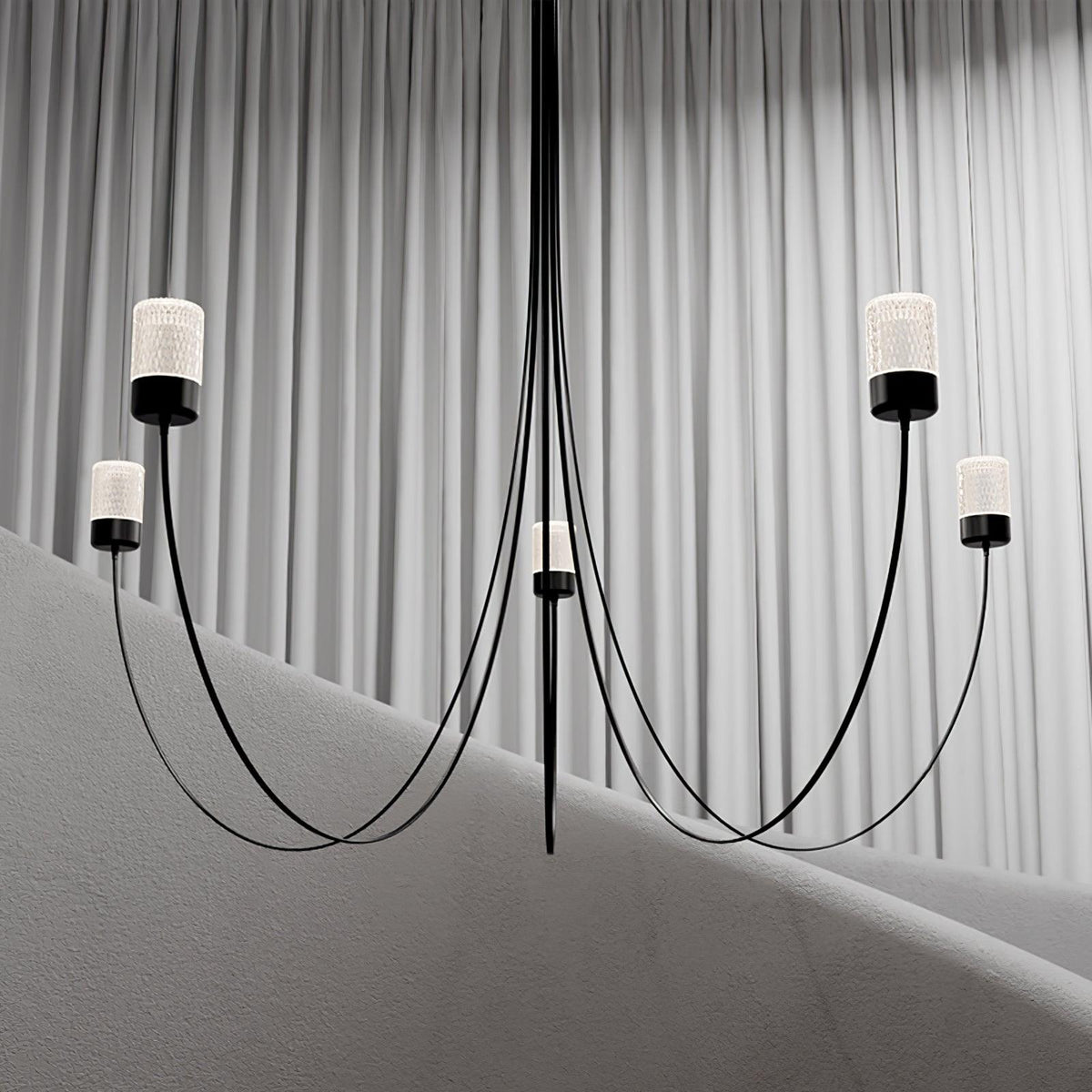 Swaying Curated Mouth-Blown Frosted Glass Chande – illuminated warm ambiance setting