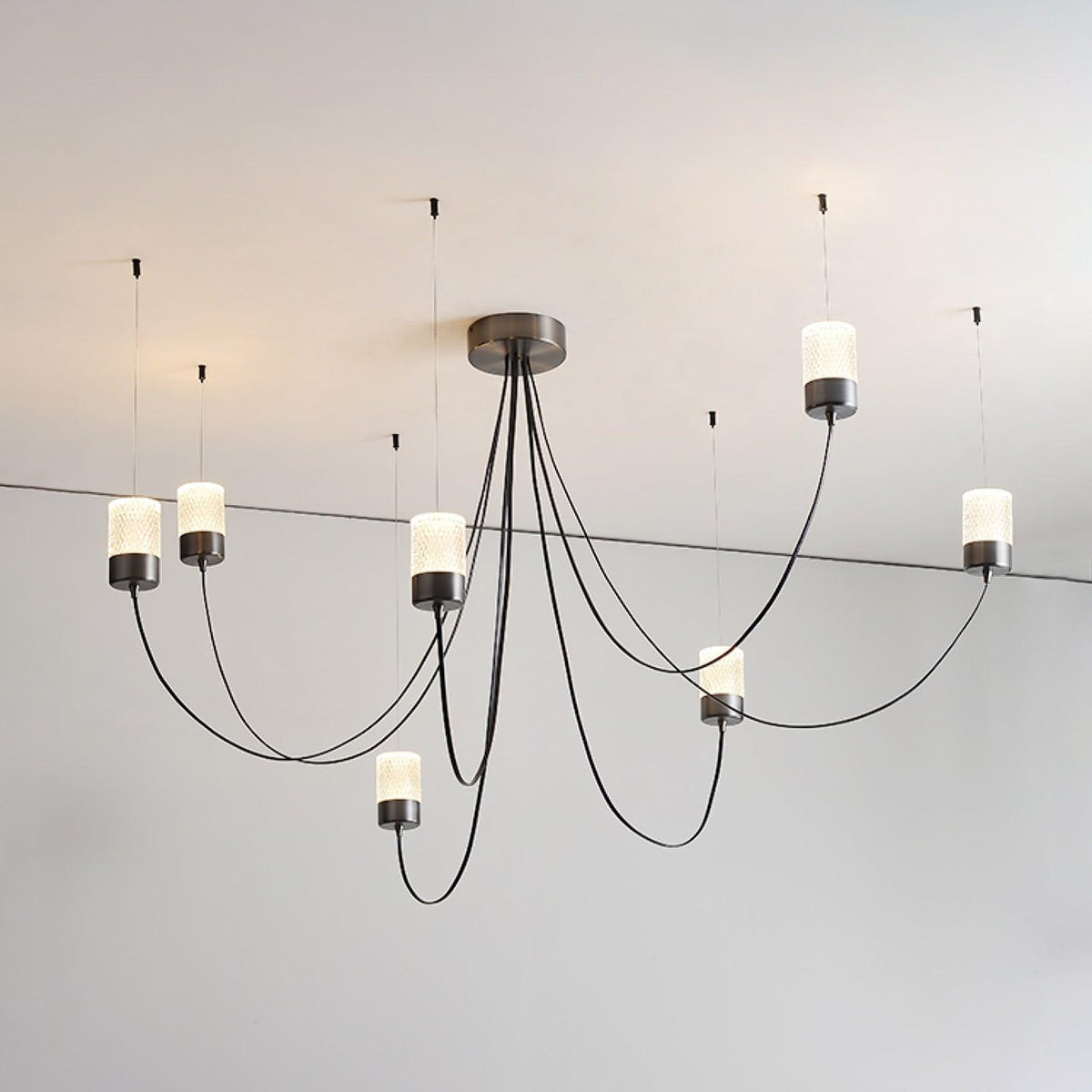 Swaying Curated Mouth-Blown Frosted Glass Chande – structural canopy joint detail