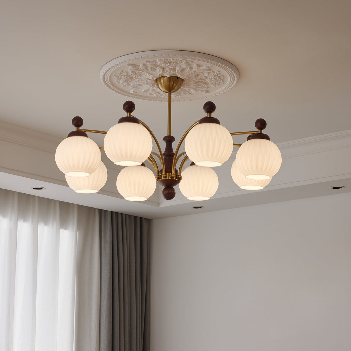 Sylvan Orb Curated Mouth-Blown Frosted Glass Cha installed in residential dining space