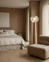 Sylvelle Floor Curated Iron & Glass Floor Lamp warm illuminated room view