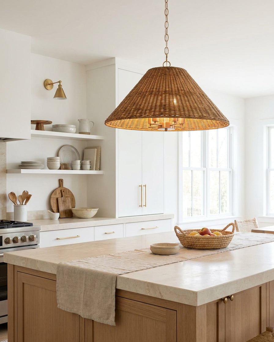 Talora Curated Woven Rattan Pendant Light warm illuminated room view