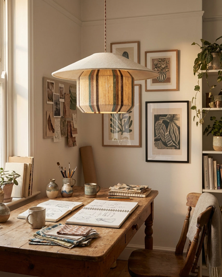 Tansora Curated Iron & Glass Pendant Light installed in residential dining space