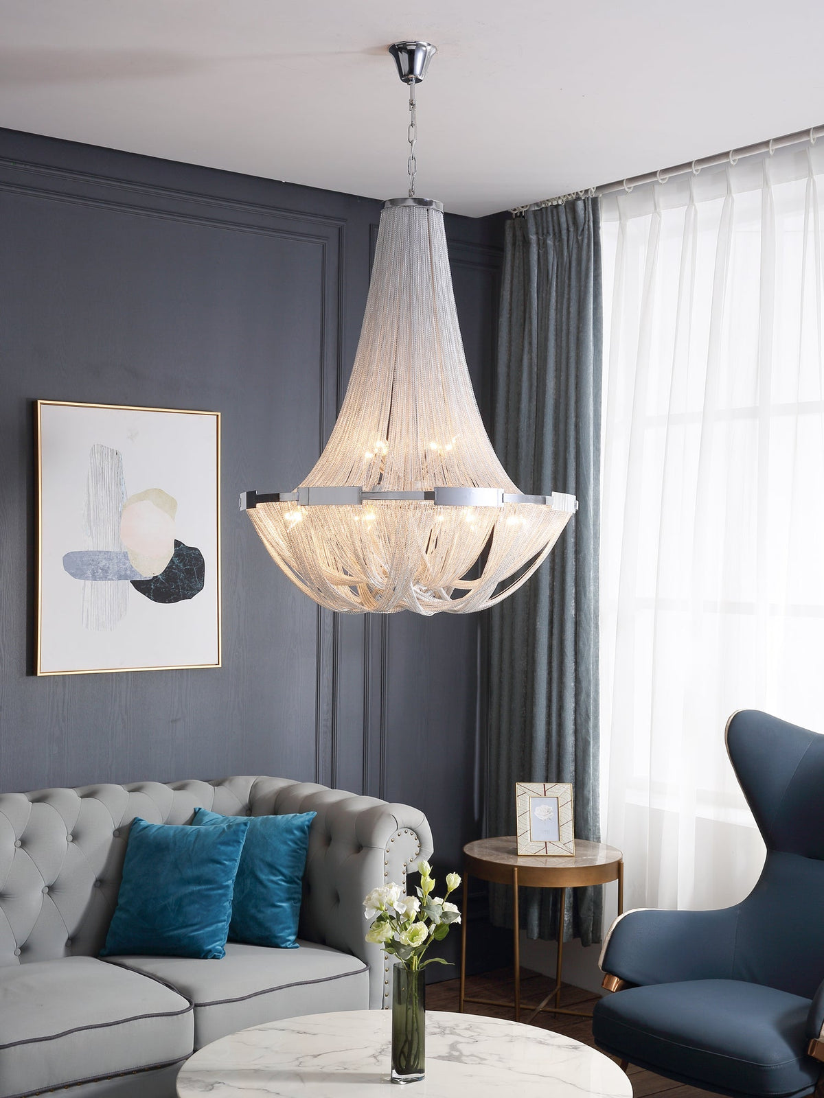 Brushed Nickel Iron craftsmanship detail on Tassel Aluminum Chain Curated Brushed Nickel Iro