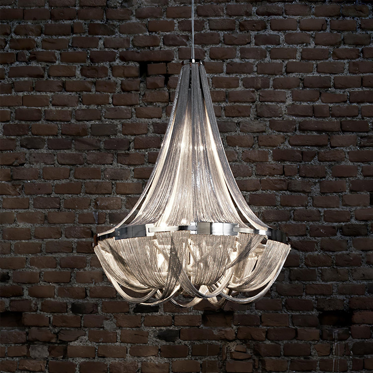 Tassel Aluminum Chain Curated Brushed Nickel Iro – illuminated warm ambiance setting