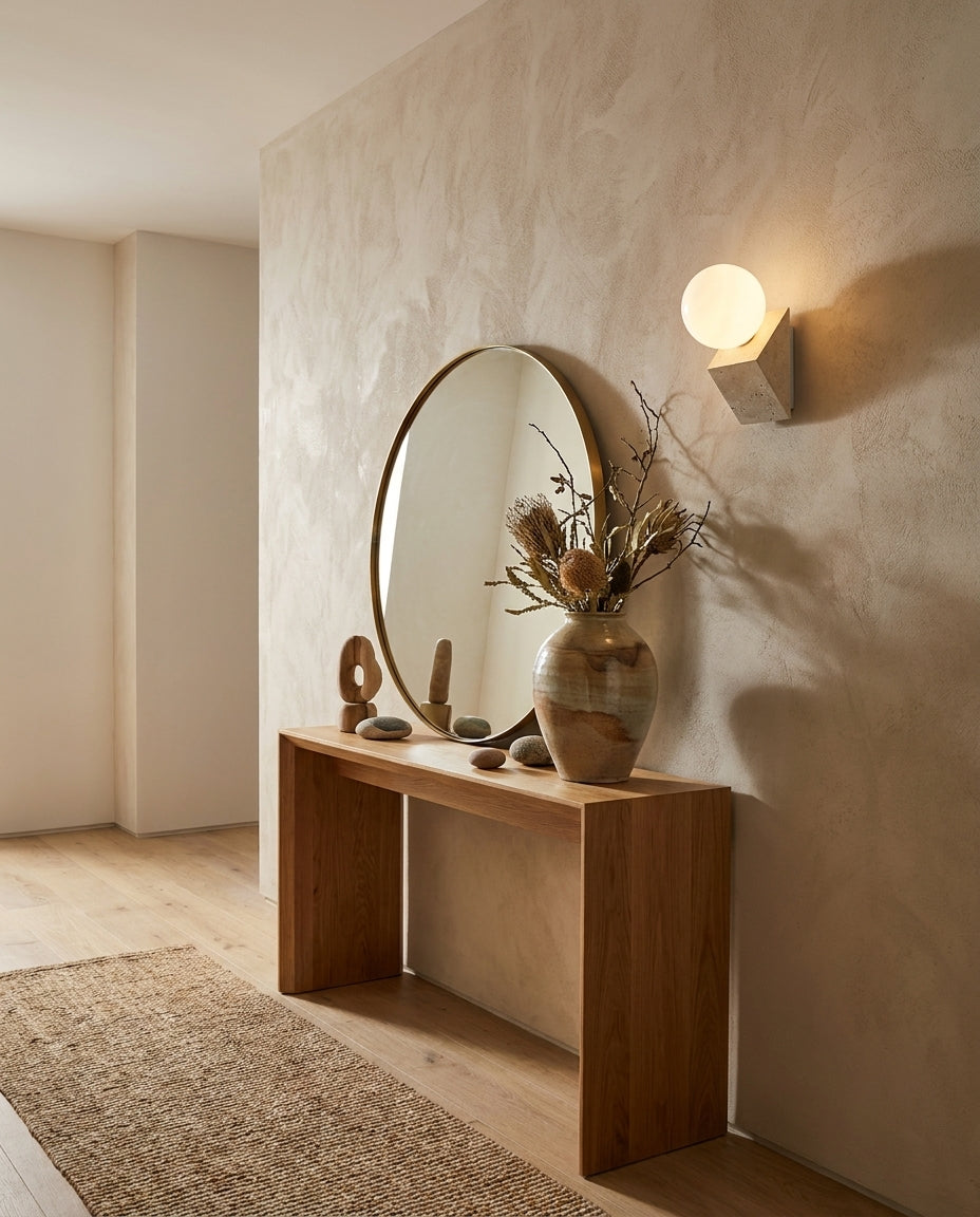 Yellow Travertine craftsmanship detail on Tavellis Curated Yellow Travertine Wall Sconce