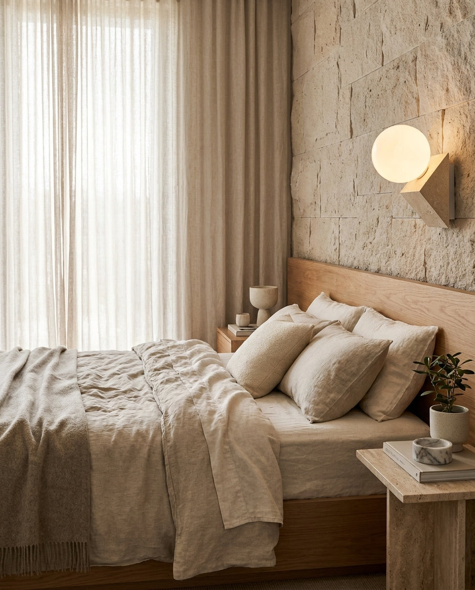 Tavellis Curated Yellow Travertine Wall Sconce – illuminated warm ambiance setting