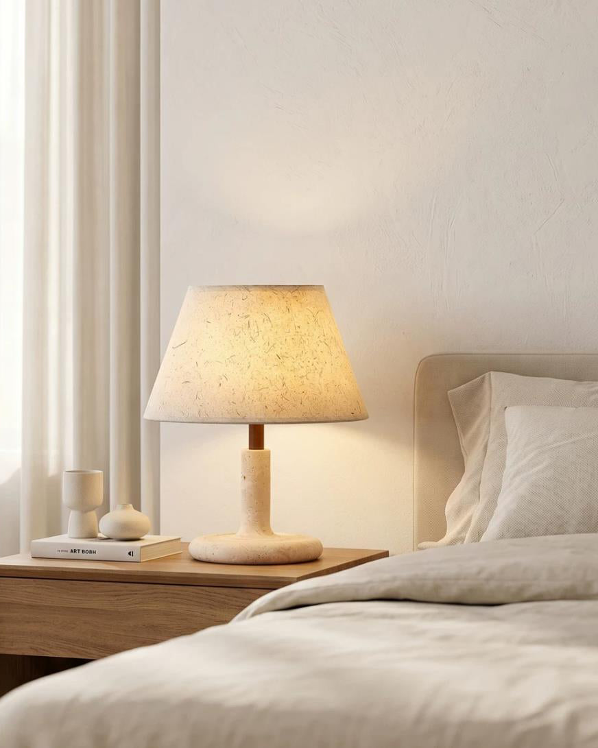 Tavien Curated Yellow Travertine Table Lamp warm illuminated room view