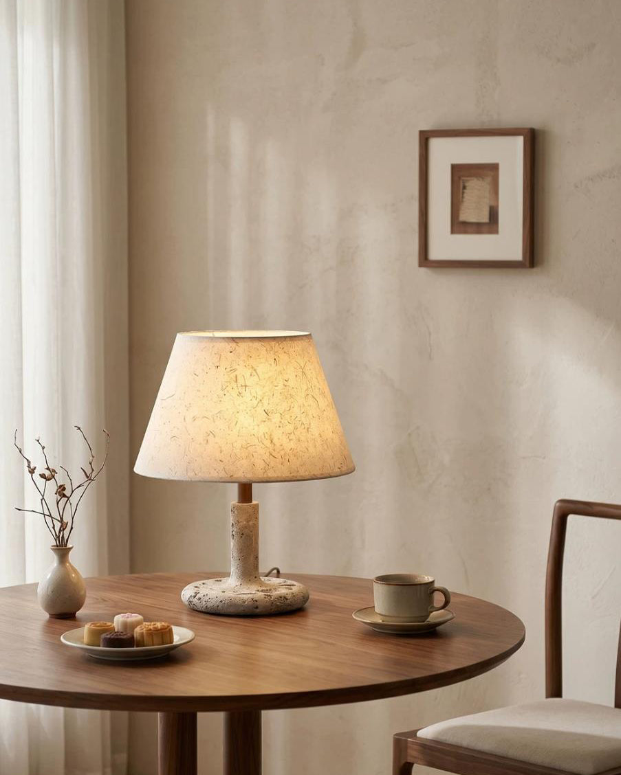 Tavien Curated Yellow Travertine Table Lamp – structural canopy joint detail