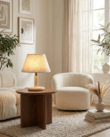 Tavien Curated Yellow Travertine Table Lamp installed in residential dining space