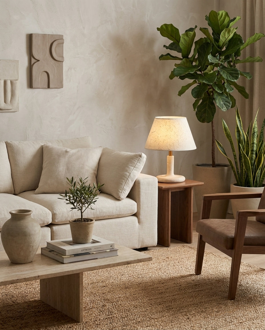 Tavien Curated Yellow Travertine Table Lamp – architectural ceiling profile