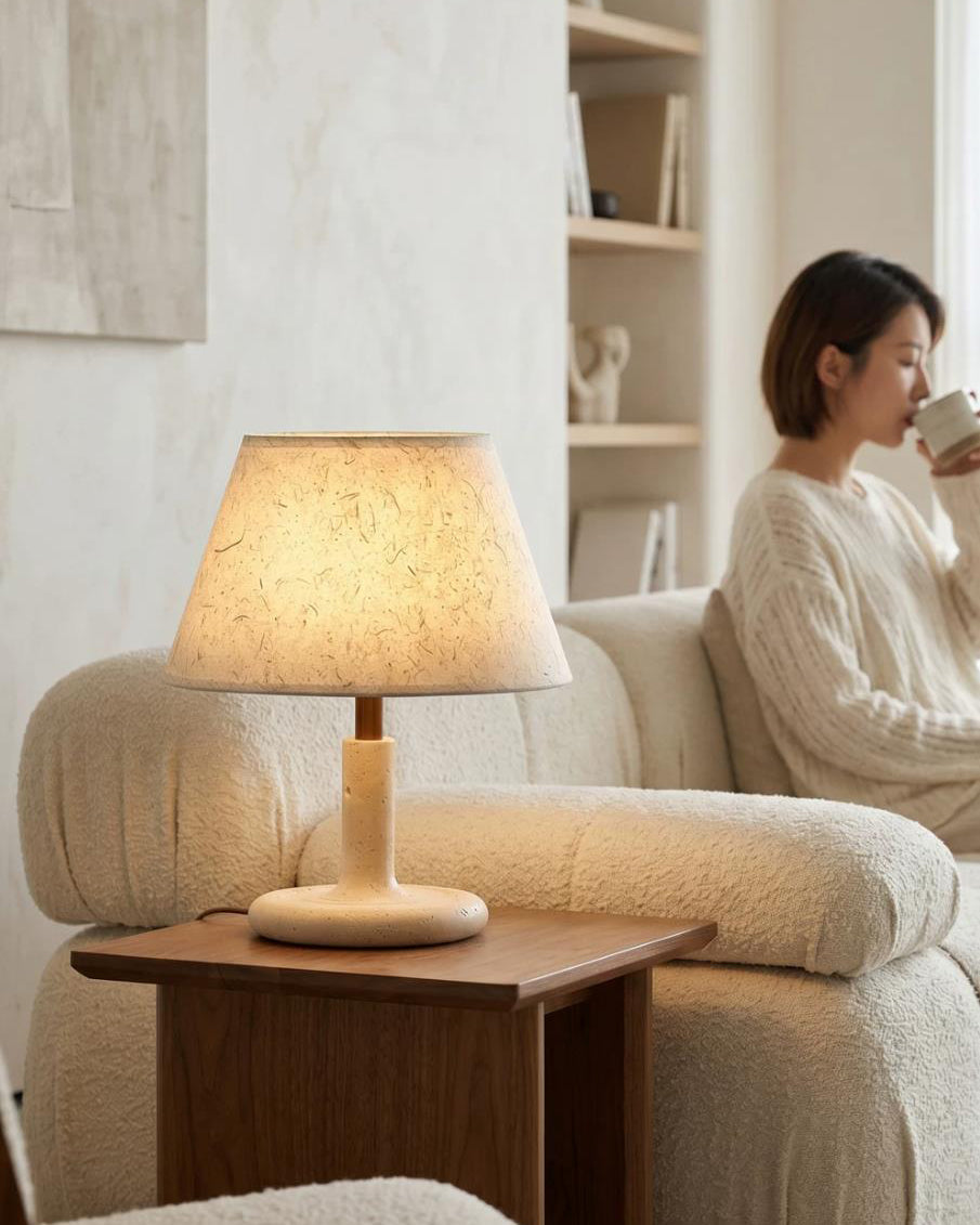 Tavien Curated Yellow Travertine Table Lamp – illuminated warm ambiance setting