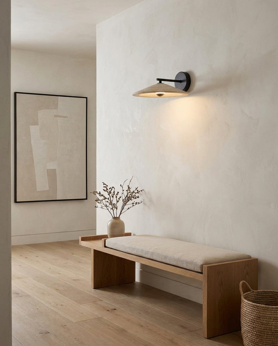 Tavric Curated Yellow Travertine Wall Sconce warm illuminated room view