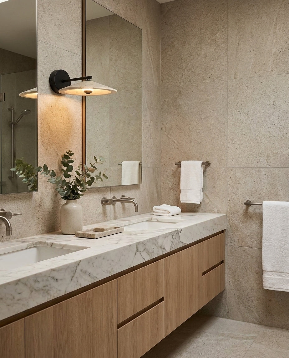 Tavric Curated Yellow Travertine Wall Sconce – macro detail view