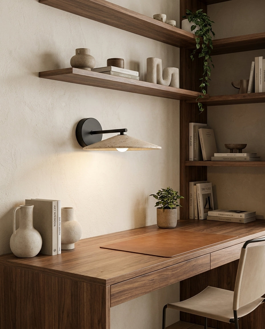 Tavric Curated Yellow Travertine Wall Sconce – structural canopy joint detail