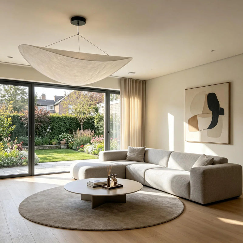 Silk Pendant Light View 4 | Designer Wabi-Sabi Silk Pendant Light | Organic Silk Shade Chandelier | JINSHE | JINSHE