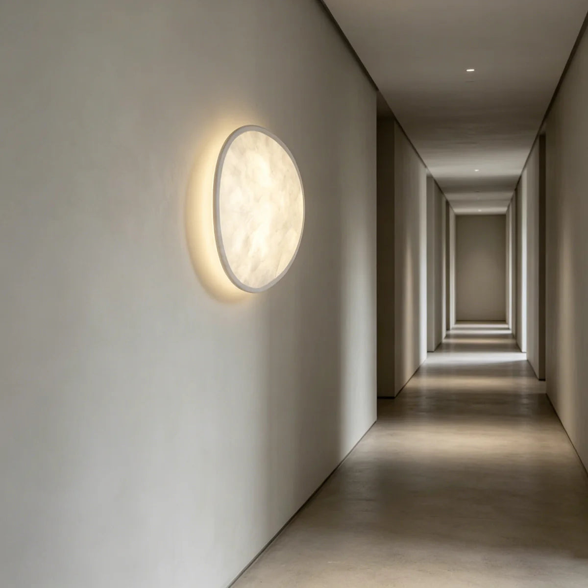 JINSHE Silk & Metal Wall Sconce - Detail shot of the silk shade's subtle translucence in a dimly lit hallway.