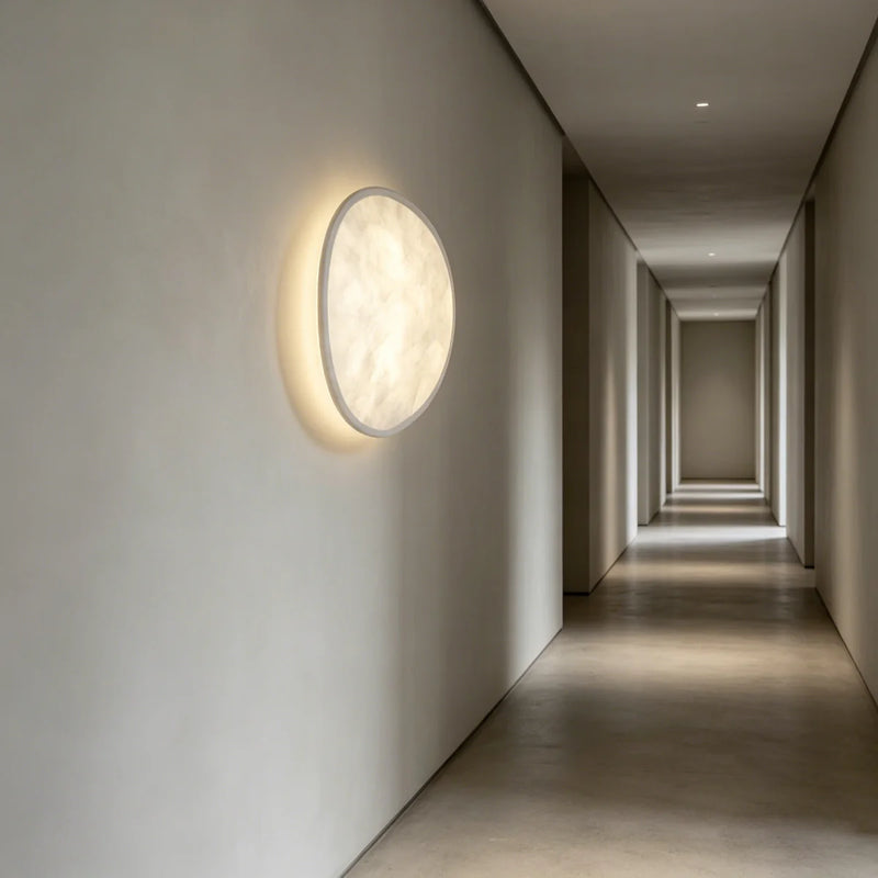 JINSHE Silk & Metal Wall Sconce - Detail shot of the silk shade's subtle translucence in a dimly lit hallway.