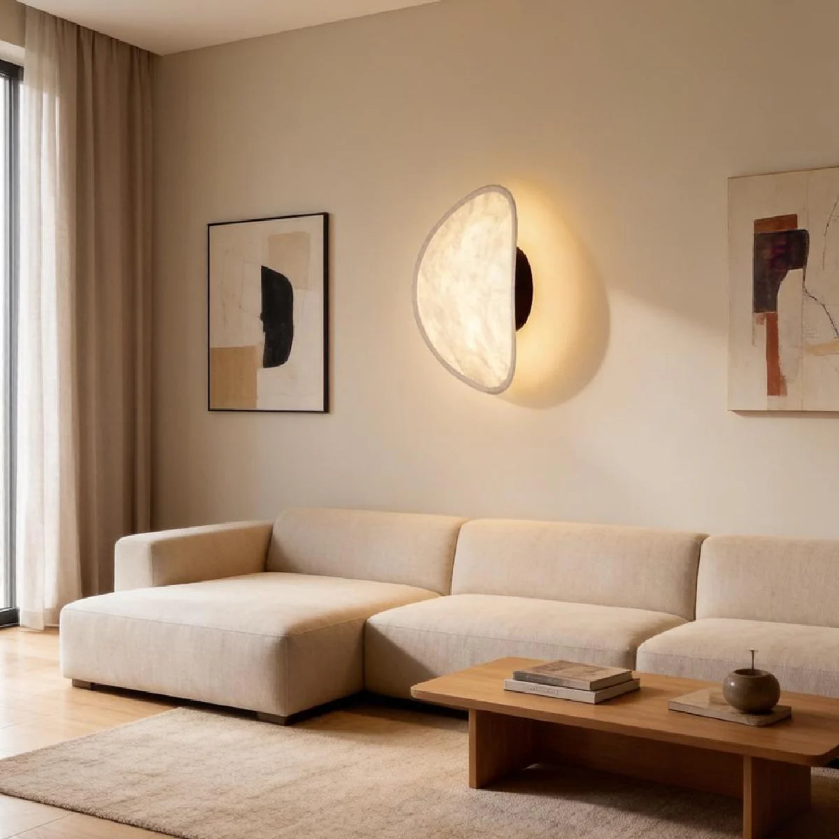 JINSHE Silk & Metal Wall Sconce - Lit profile highlighting the warm, diffused glow in a serene living room.