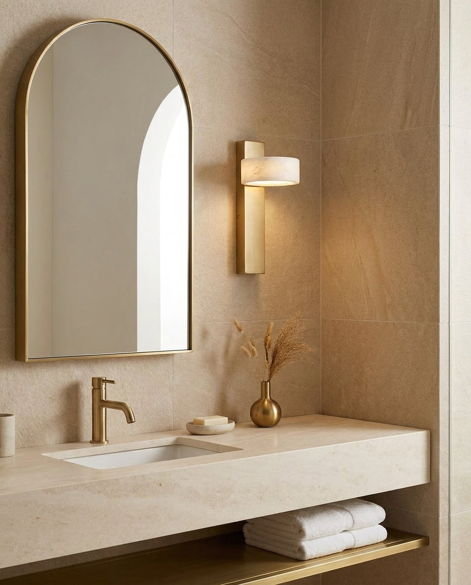Tersus Alabaster Curated Alabaster Wall Sconce warm illuminated room view