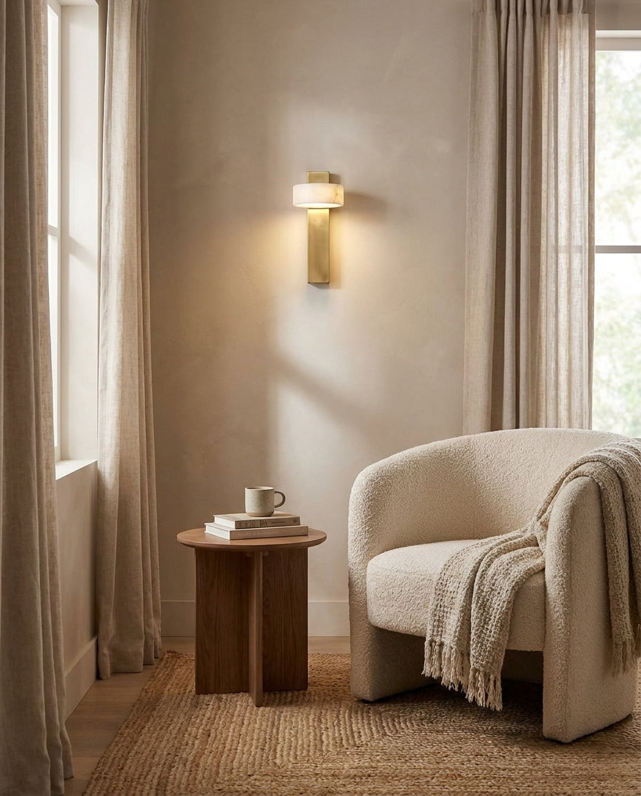 Tersus Alabaster Curated Alabaster Wall Sconce – illuminated warm ambiance setting