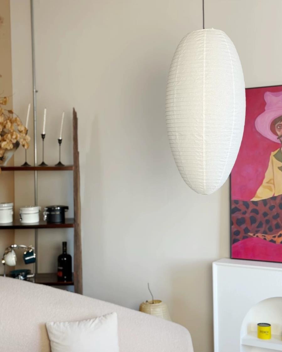 Tomoe Paper Curated Washi Paper Pendant Light installed in residential dining space