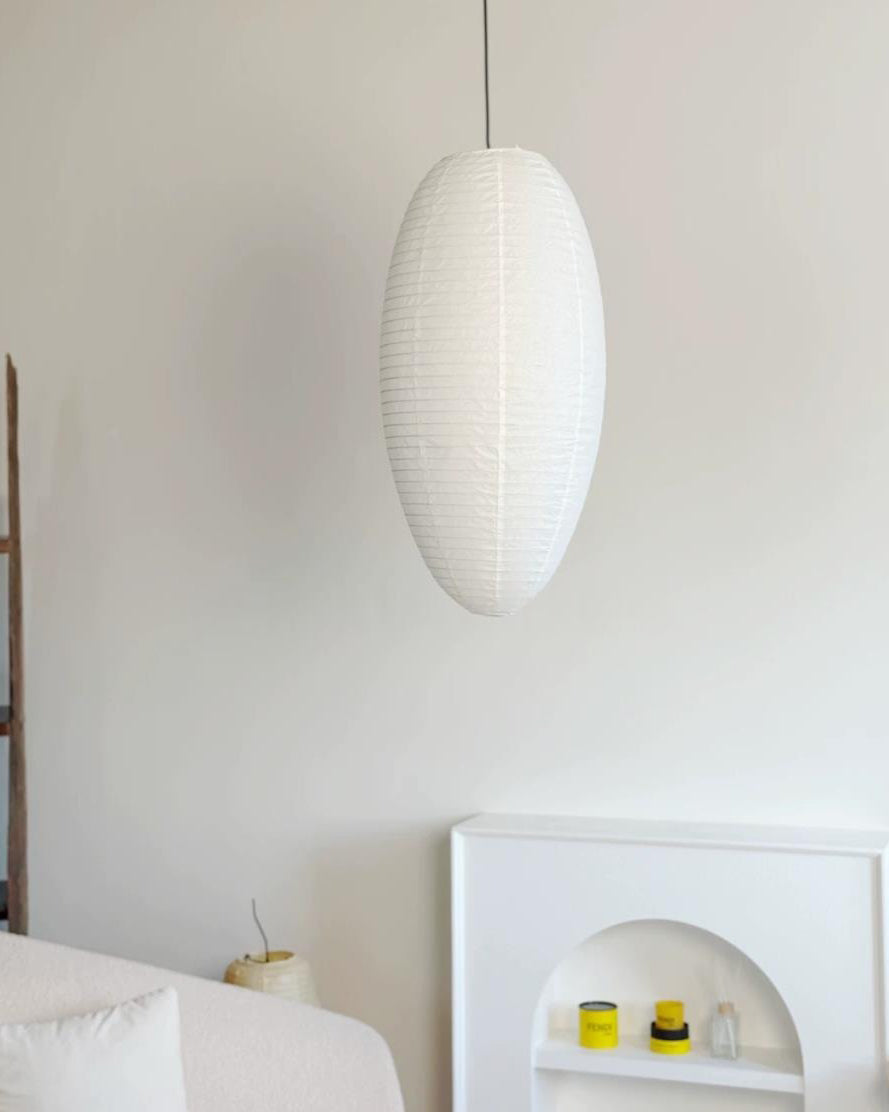 Tomoe Paper Curated Washi Paper Pendant Light warm illuminated room view