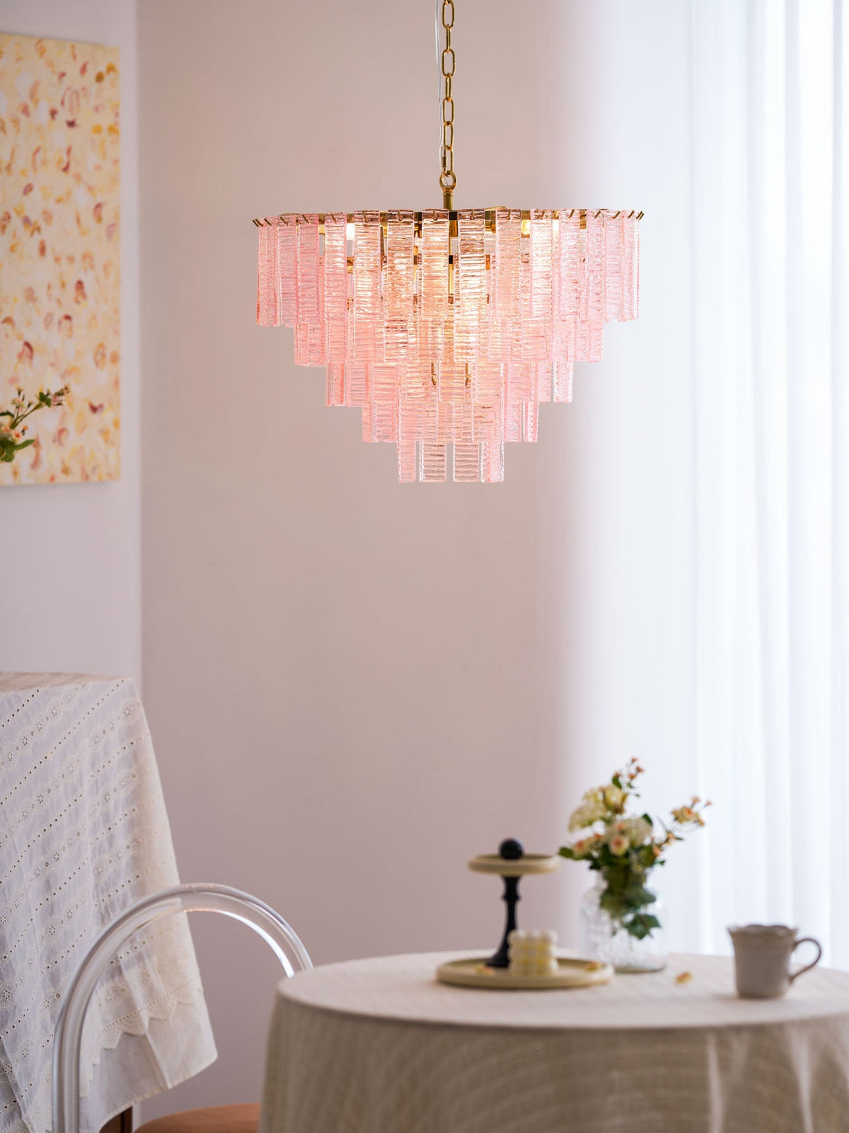 Opalora Pink Glass Curated Mouth-Blown Frosted G – illuminated warm ambiance setting