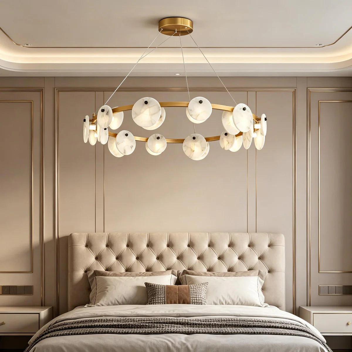 Spanish Alabaster Chandelier View 3 | Natural Spanish Alabaster Trinidad Disc Chandelier | Modern Luxury Lighting | JINSHE | JINSHE