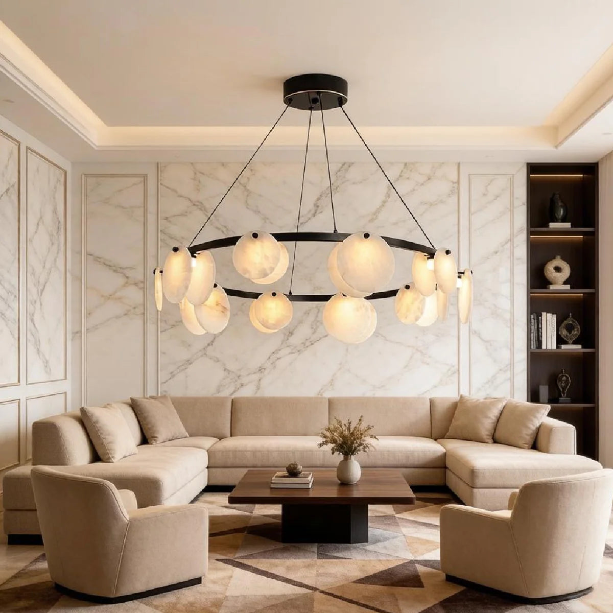 Spanish Alabaster Chandelier View 5 | Natural Spanish Alabaster Trinidad Disc Chandelier | Modern Luxury Lighting | JINSHE | JINSHE