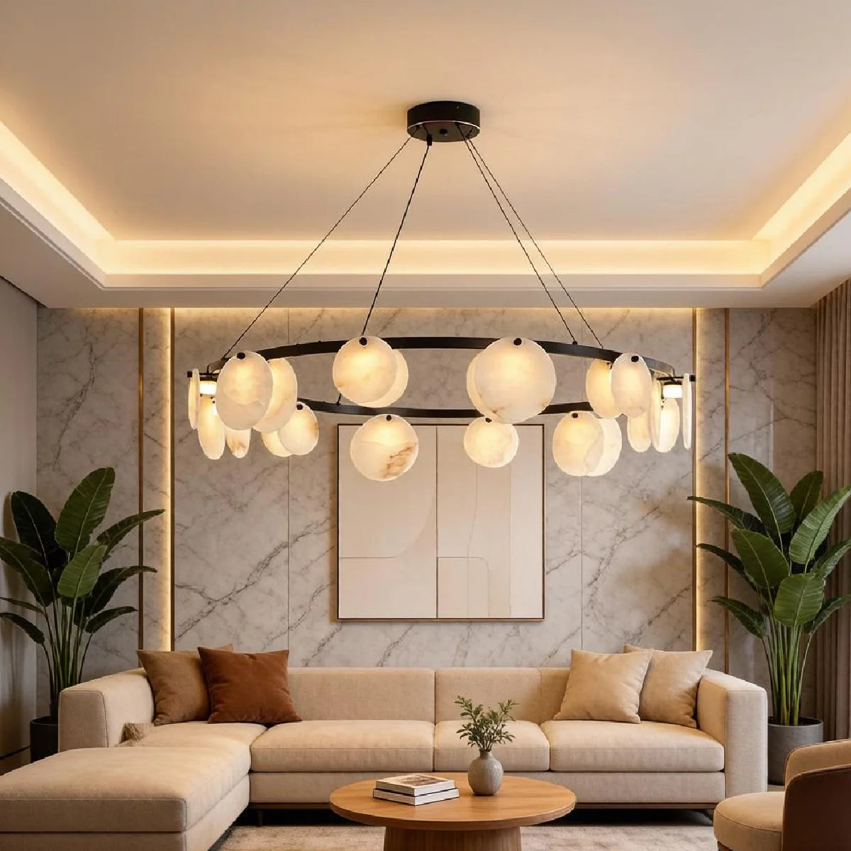 Spanish Alabaster Chandelier View 6 | Natural Spanish Alabaster Trinidad Disc Chandelier | Modern Luxury Lighting | JINSHE | JINSHE