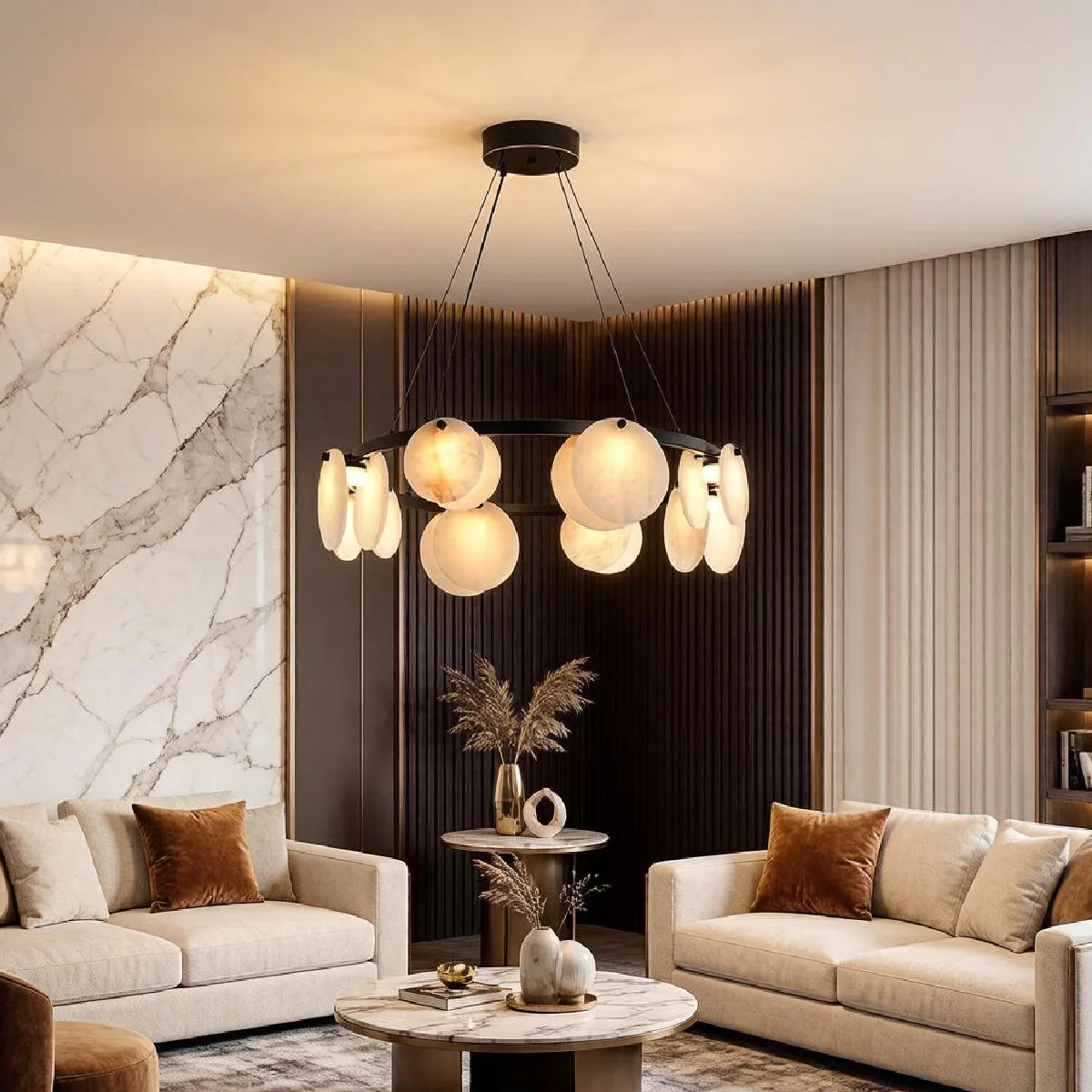 Spanish Alabaster Chandelier View 9 | Natural Spanish Alabaster Trinidad Disc Chandelier | Modern Luxury Lighting | JINSHE | JINSHE