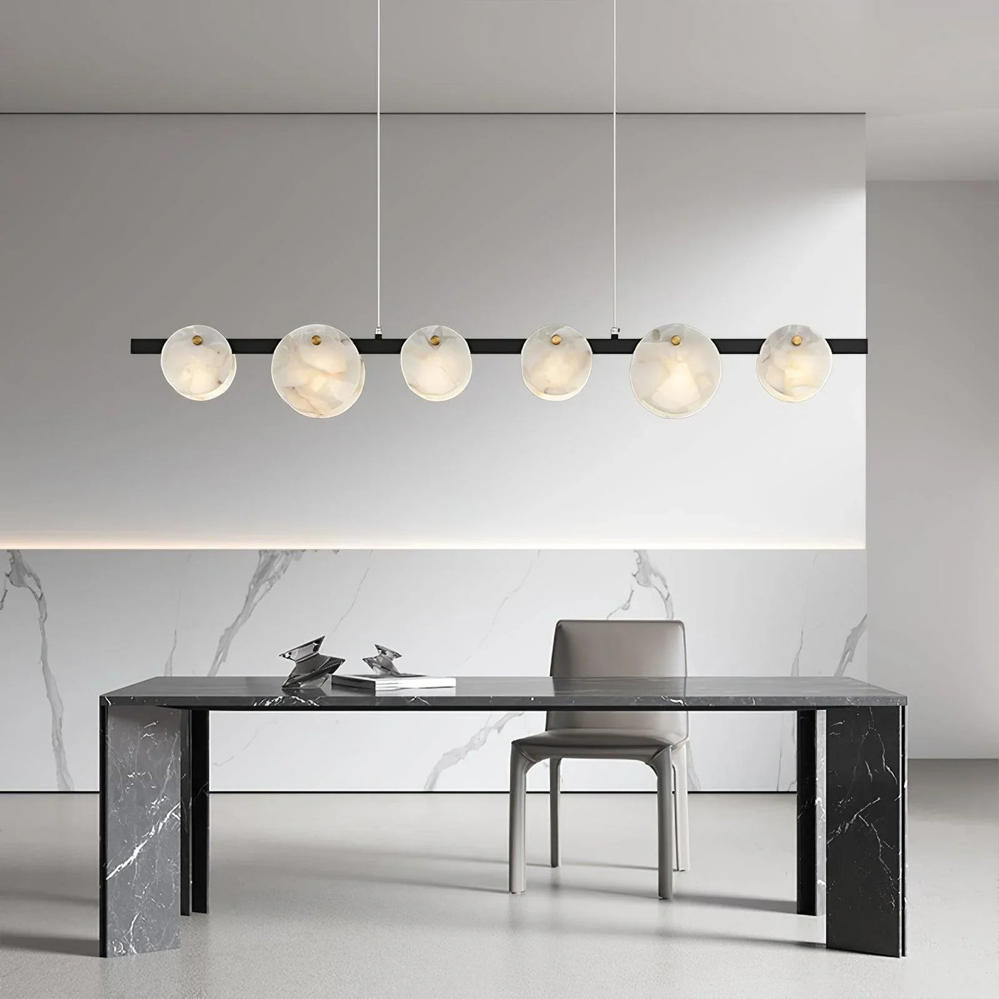 Spanish Alabaster Chandelier View 10 | Natural Spanish Alabaster Trinidad Linear Disc Chandelier | Modern Luxury Lighting | JINSHE | JINSHE