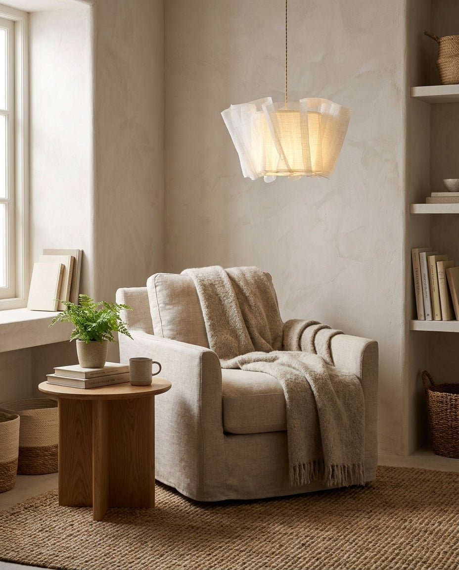 Tullora Curated Iron & Glass Pendant Light – unlit natural material contrast
