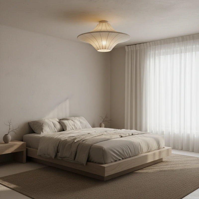 UFO Silk Ceiling Light View 5 | Silk Wabi-Sabi Ceiling Light | Designer Cream Bedroom Flush Mount | JINSHE | JINSHE