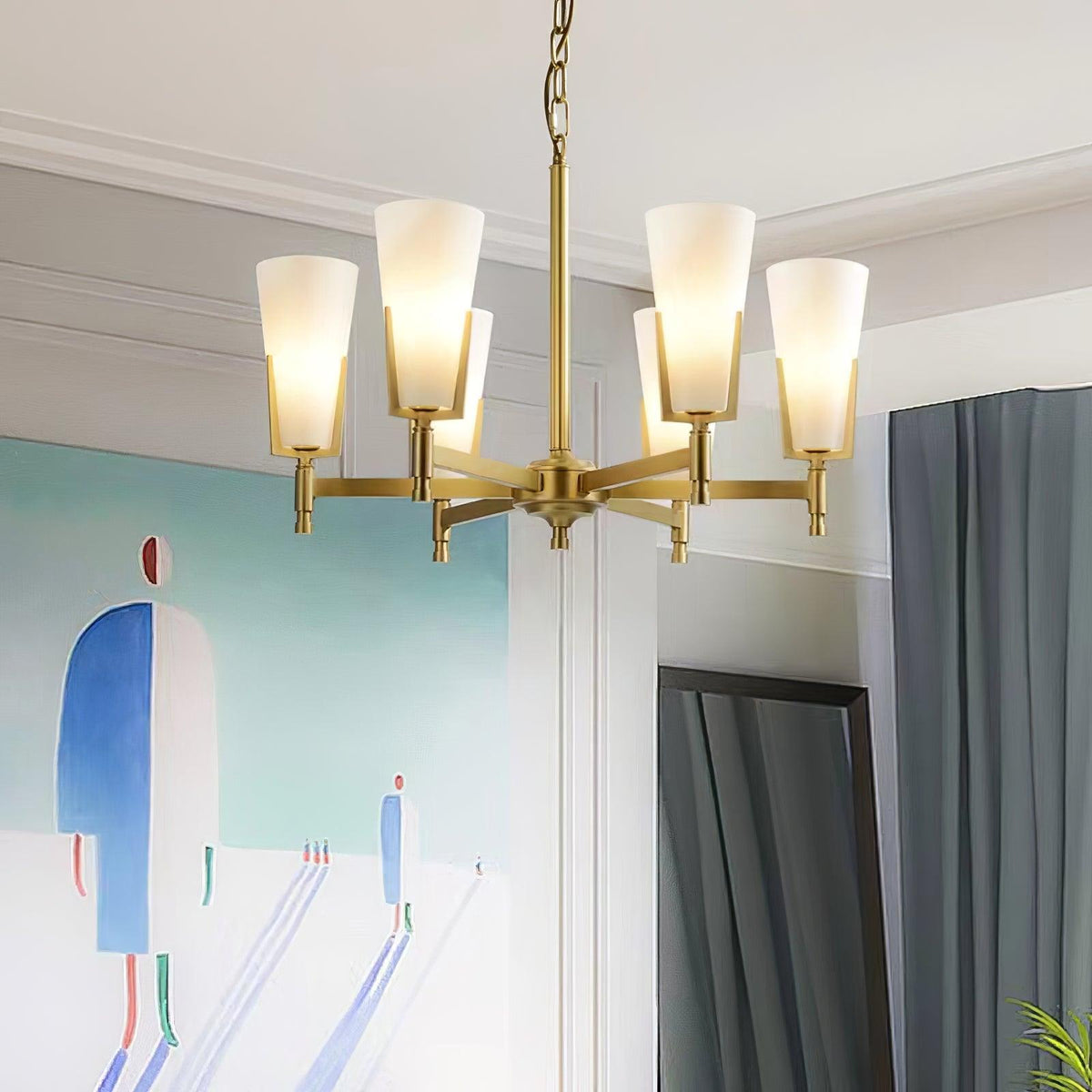 Upton Curated Mouth-Blown Frosted Glass Chandeli – unlit natural material contrast
