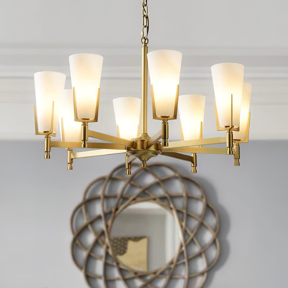 Upton Curated Mouth-Blown Frosted Glass Chandeli – structural canopy joint detail