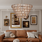 Uroko Large Curated Amber Art Glass Chandelier installed in residential dining space