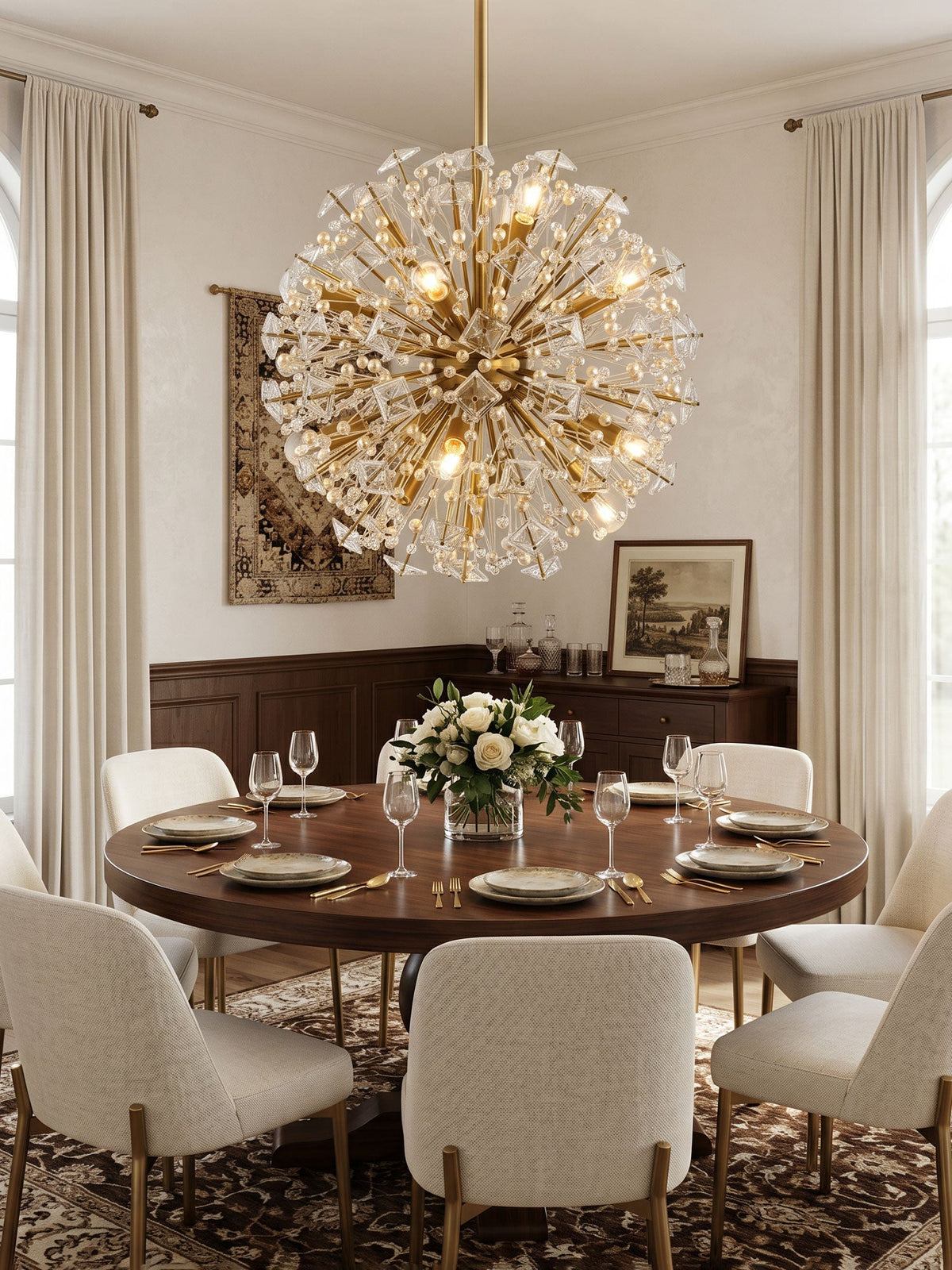 Dickinson Curated K9 Bohemian Crystal Chandelier warm illuminated room view