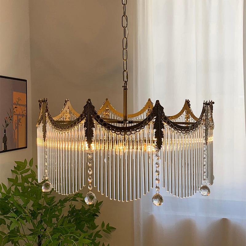 Vacarro Curated Mouth-Blown Frosted Glass Chande warm illuminated room view