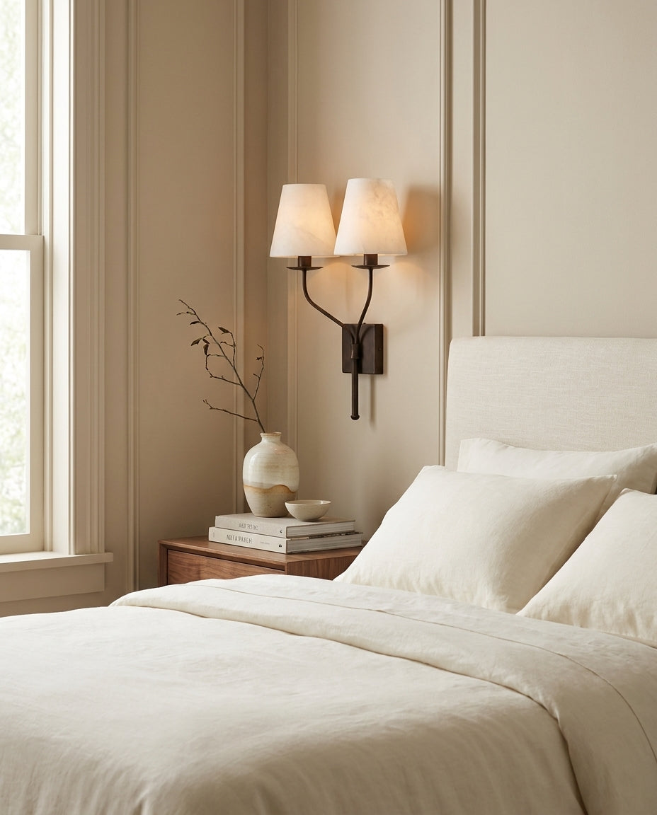 Valenora Alabaster Curated Alabaster Wall Sconce – spatial dining room perspective