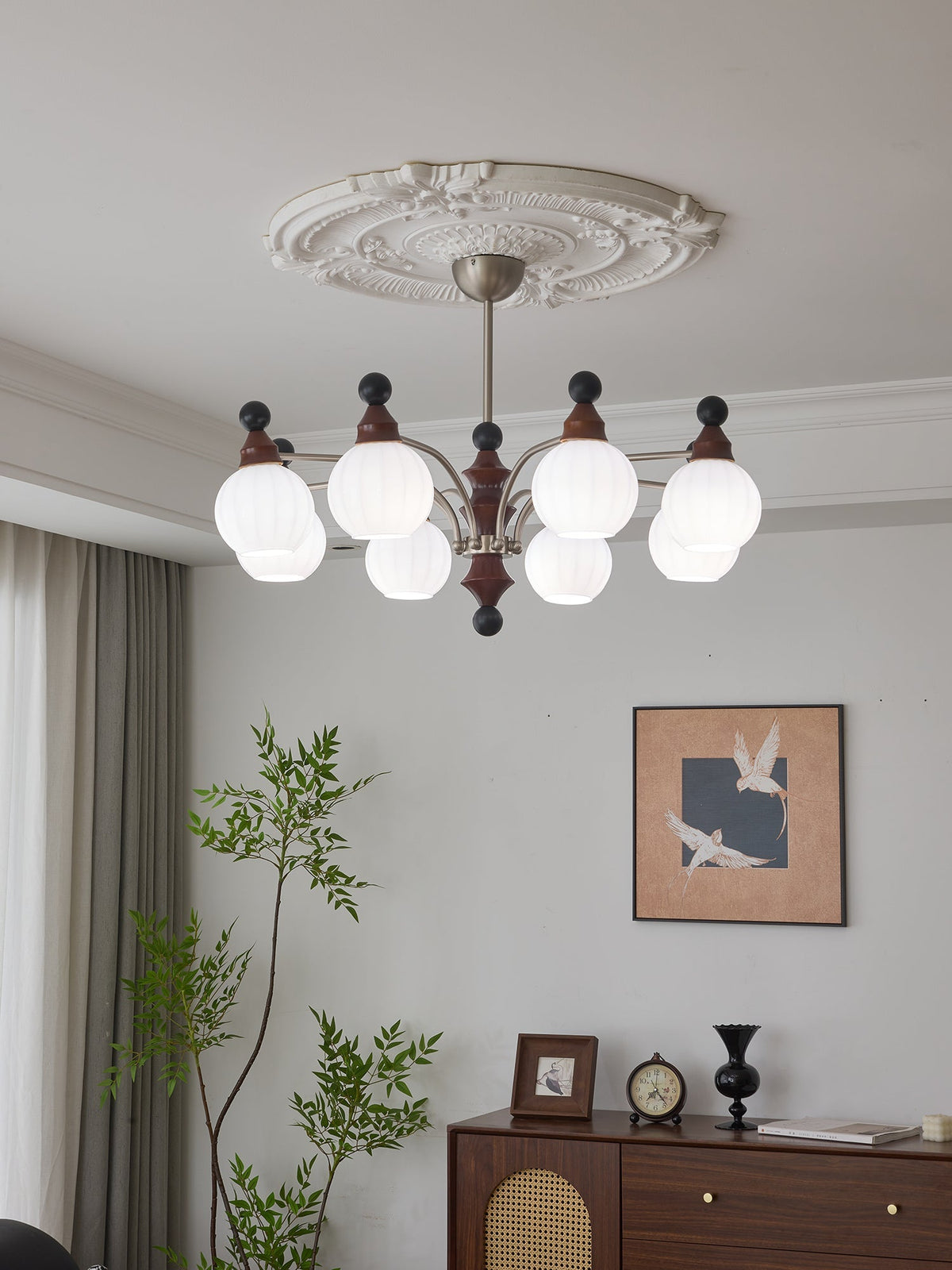 Valerio Curated Mouth-Blown Frosted Glass Chande – spatial dining room perspective