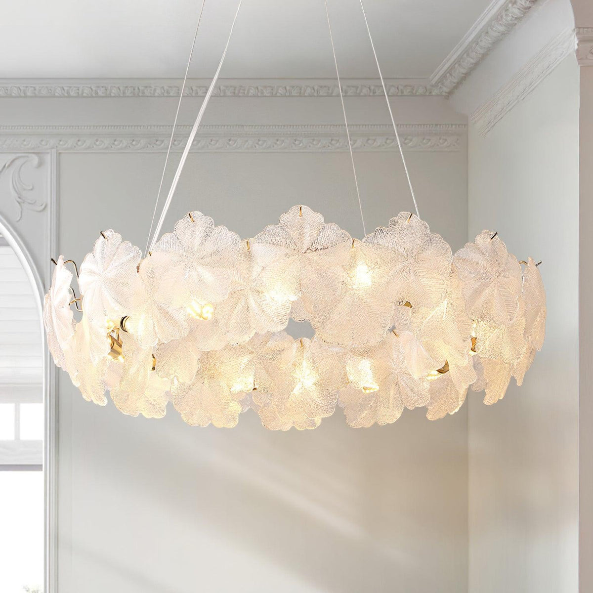 Valery Curated Mouth-Blown Frosted Glass Chandel – dimensional scale reference