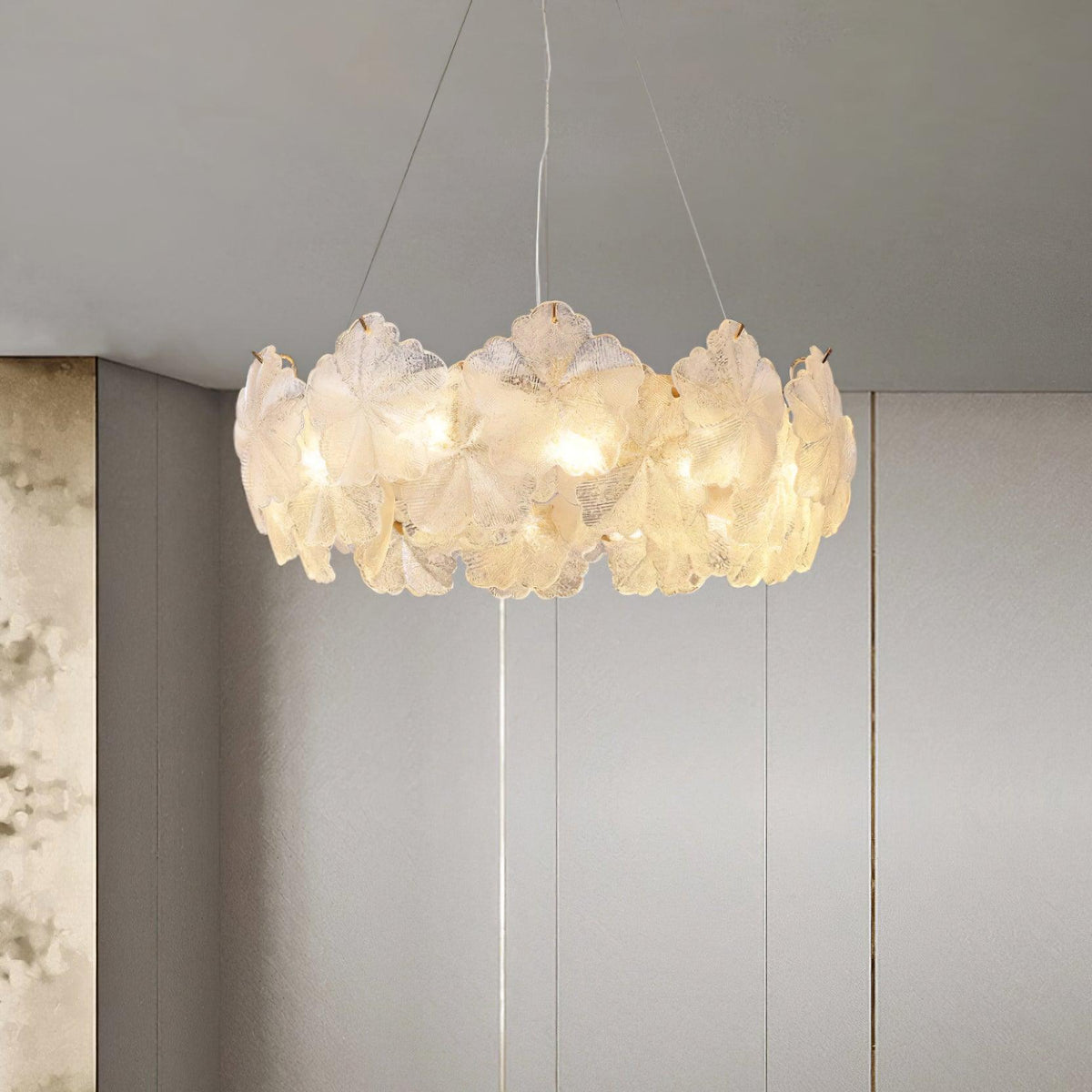 Valery Curated Mouth-Blown Frosted Glass Chandel – structural canopy joint detail