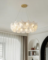 Valery Curated Mouth-Blown Frosted Glass Chandel warm illuminated room view