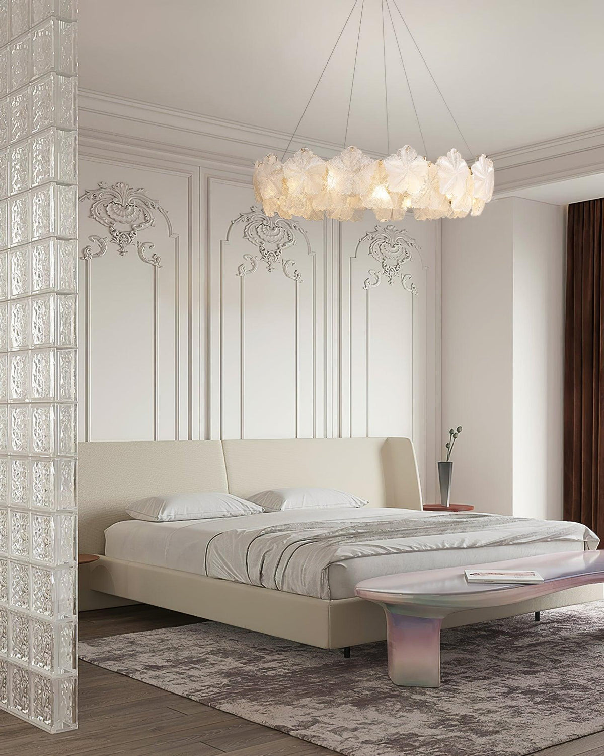 Valery Curated Mouth-Blown Frosted Glass Chandel – illuminated warm ambiance setting
